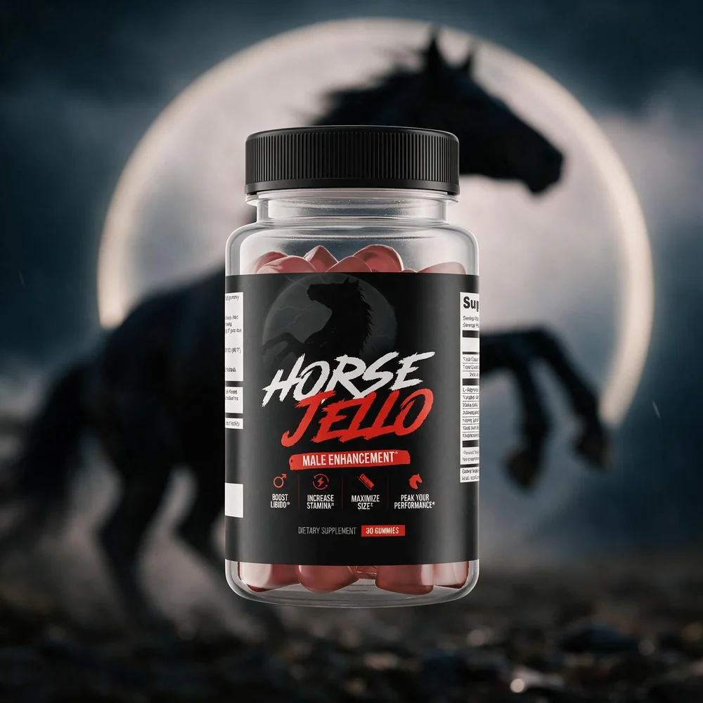 Bottle of Horse Jello gummies with a horse silhouette in the background